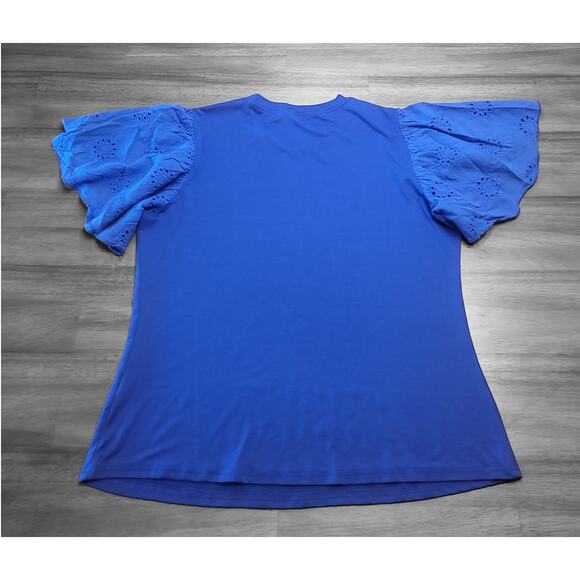 Blue Ruffle Blouse Large Short Sleeve Flutter Lace Trim Top - Picture 3 of 6